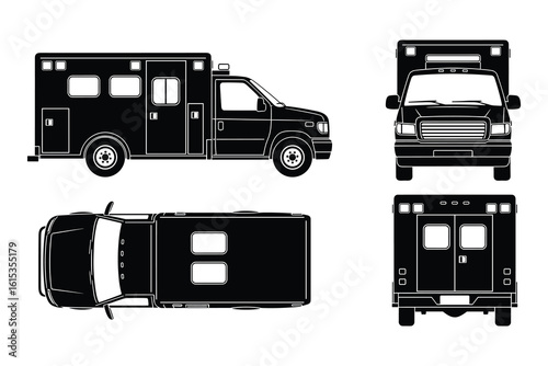 Ambulance Vehicle Technical Drawing Views: Side, Front, Top, Rear. Vector illustration.