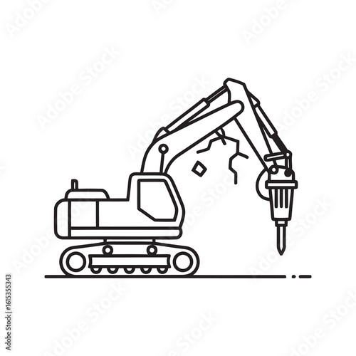 Excavator with jackhammer attachment icon for demolition construction site heavy machinery and road breaking industrial equipment line vector stroke