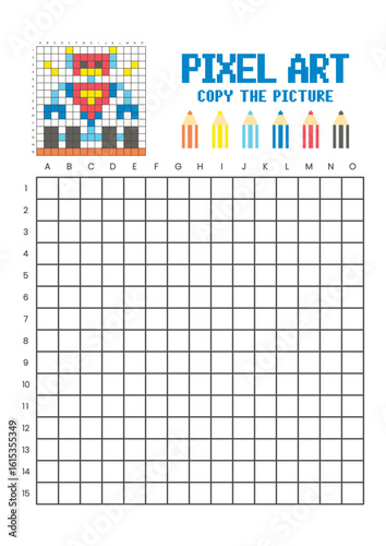 Copy the picture grid drawing worksheet for kids. Pixel art robot