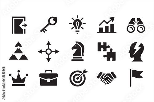Business Strategy Icons: Money, Steps, Rocket, and Goals for Success