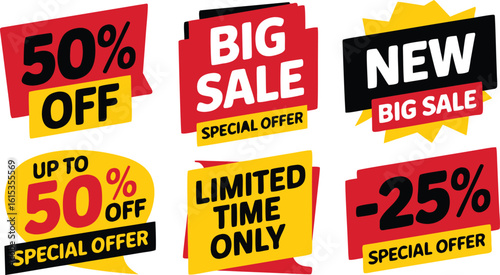 Six Bright Sale Tags Featuring Discounts and Special Offers for a Limited Time Only