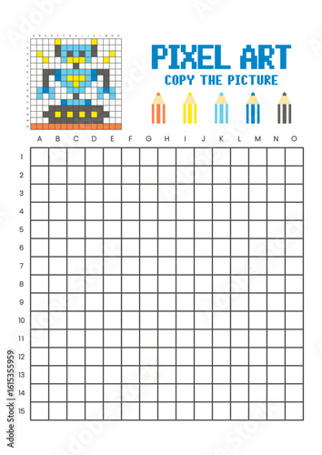 Copy the picture grid drawing worksheet for kids. Pixel art robot