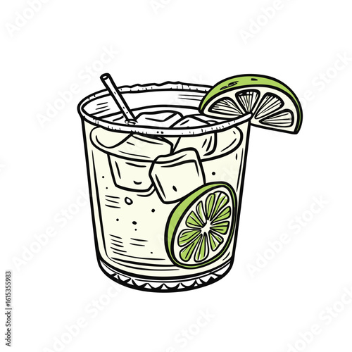 Refreshing chilled drink with lime and ice glass straw