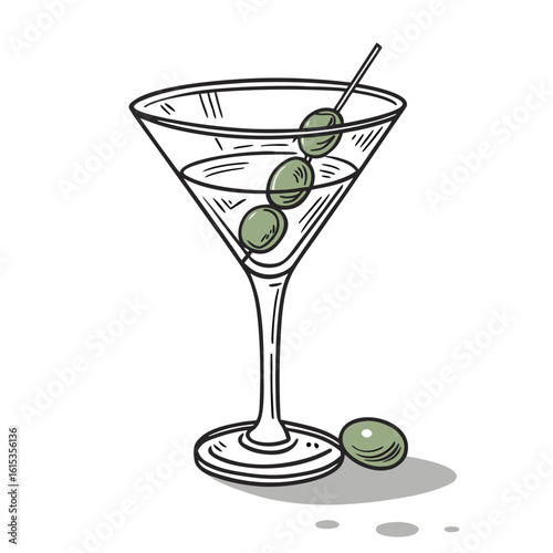 Martini glass with olives and toothpick green