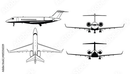 Detailed illustrations of a private jet from various angles, showcasing the design.
