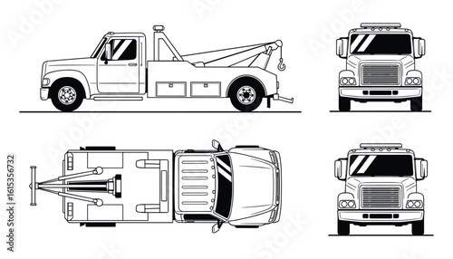 Detailed vector illustration of a vintage tow truck featuring multiple viewing angles.