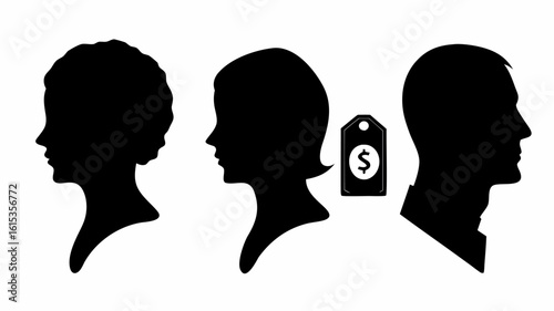 Silhouettes of three people with a price tag between two of them in black and white illustration style | editable eps vectors