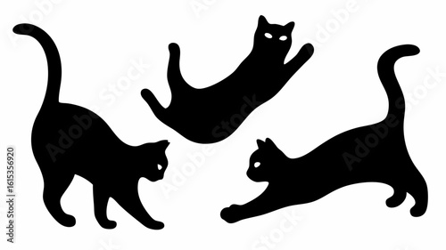 Three black cats in various poses including stretching walking and floating on a white background scene | editable eps vectors silhouette