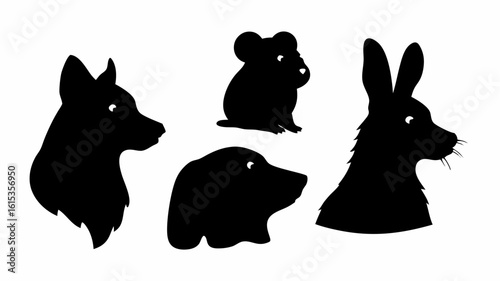 Silhouette illustration featuring a wolf, mouse, dog, and rabbit in a side profile view on a white background | editable eps vectors