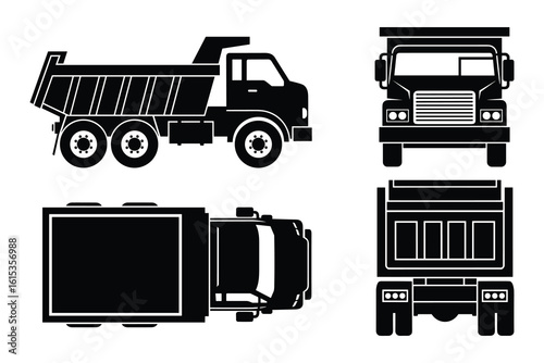 Detailed Black and White Dump Truck Silhouettes: Side, Front, and Top Views
