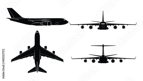 Detailed Silhouette Views of a Large Jet Aircraft - Side, Front, Top, and Rear