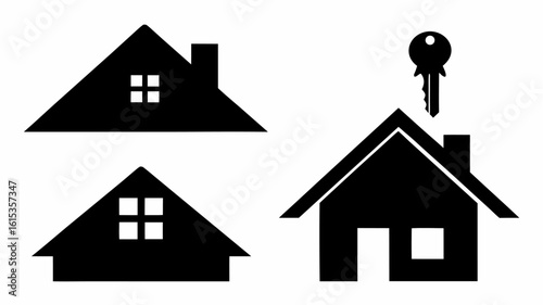Black and white illustration showing three house icons and a key above one of the house icons present there | editable eps vectors silhouette