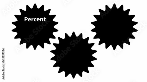 Three black spiky shapes arranged on a white background with the word percent in one shape | editable eps vectors silhouette