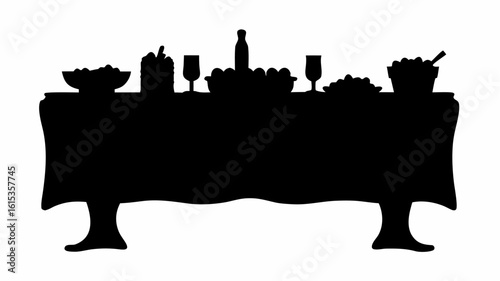 Silhouette of a table laden with bowls, glasses, and a bottle, covered with a tablecloth design element | editable eps vectors