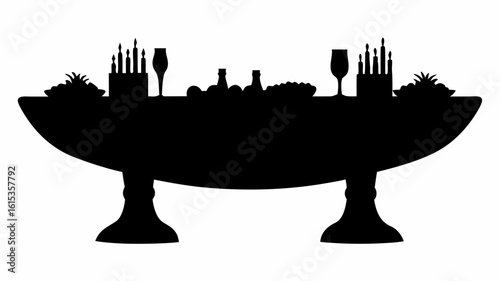 Silhouette of a table laden with food cakes drinks and candles for a celebration or party scene | editable eps vectors