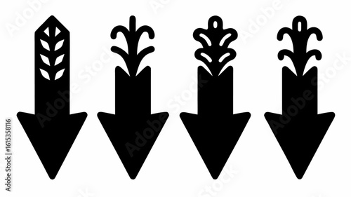 Four black arrows pointing down with decorative tops including wheat and stylized floral elements design | editable eps vectors silhouette
