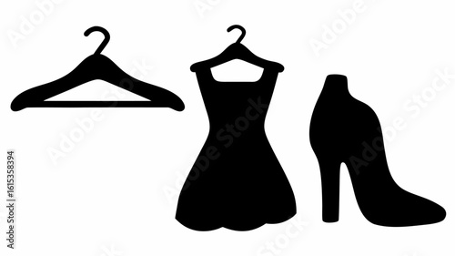 Silhouette of a dress on a hanger next to an empty hanger and a high heeled shoe illustration | editable eps vectors