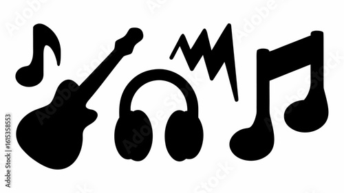 Illustration of music symbols including a guitar headphones music notes and sound waves in black silhouette | editable eps vectors