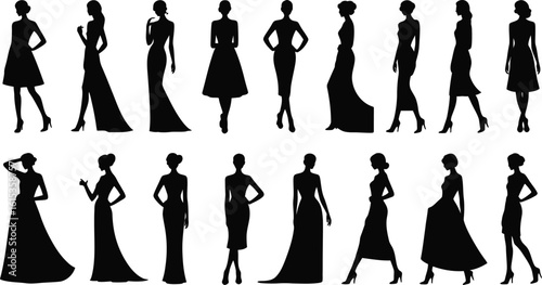 Elegant fashion silhouettes of women in evening gowns