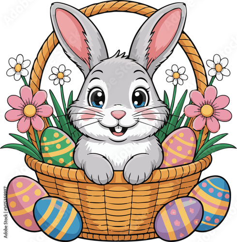 Easter day flat vector icon of happy bunny sitting on egg basket illustration for sticker, logo, book, t-shirt and more print or digital design 