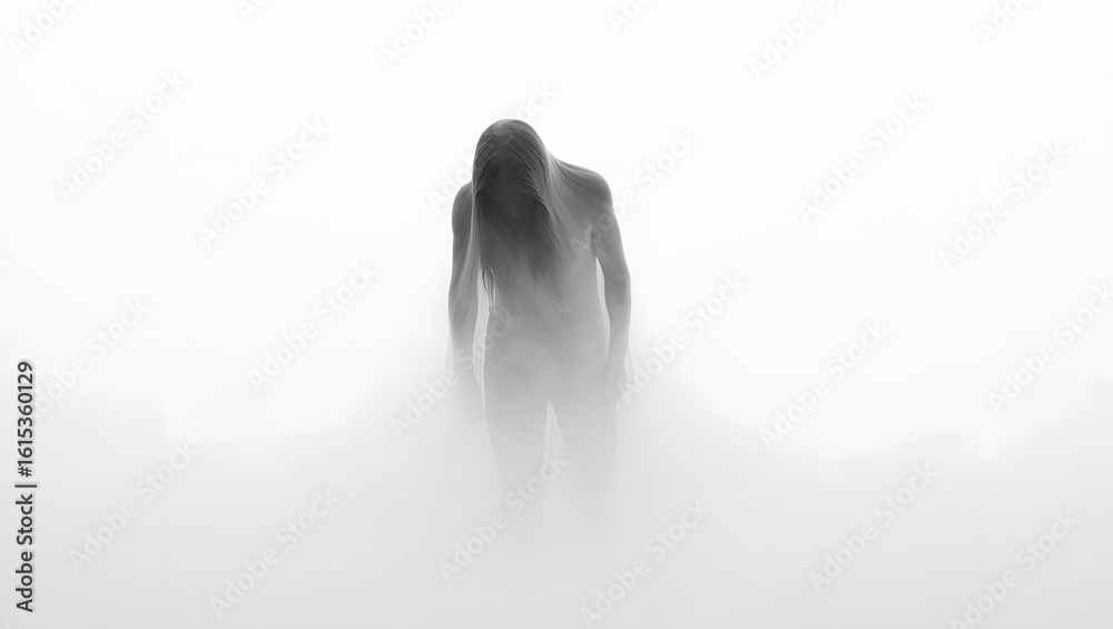 Obraz premium Mysterious Man, Long Hair, Foggy Setting, Monochromatic, Ethereal, Somber Mood, Artistic, Conceptual Portrait.