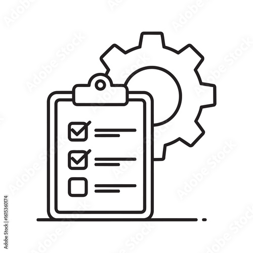 Task management settings icon with checklist on clipboard and gear symbol representing project optimization and workflow configuration line vector stroke