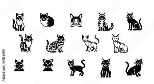 Vector silhouette illustration collection of stylized cat faces and bodies, isolated on white background