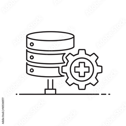 Database management icon with server and gear symbol representing data processing system administration and information technology setting line vector stroke