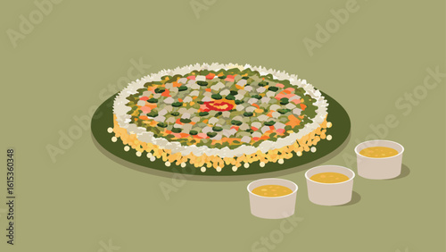A delicious looking pizza with a variety of toppings on a green plate next to three dipping sauces