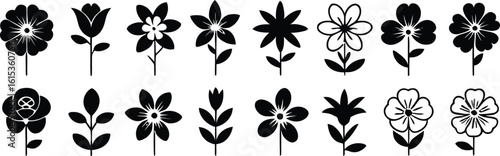 Collection of stylized black and white floral silhouettes on white background