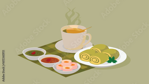 Still life of a tea cup with steam and plates of rolled crepes and dipping sauces on a table