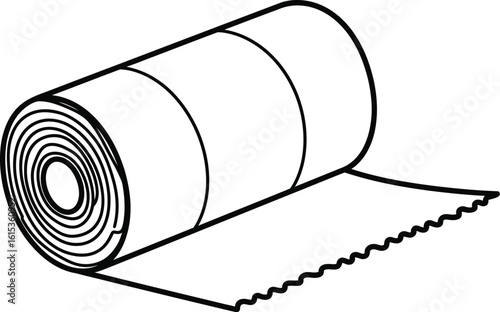 Vector art of a roll of white toilet paper with a perforated edge is depicted in a simple line drawing