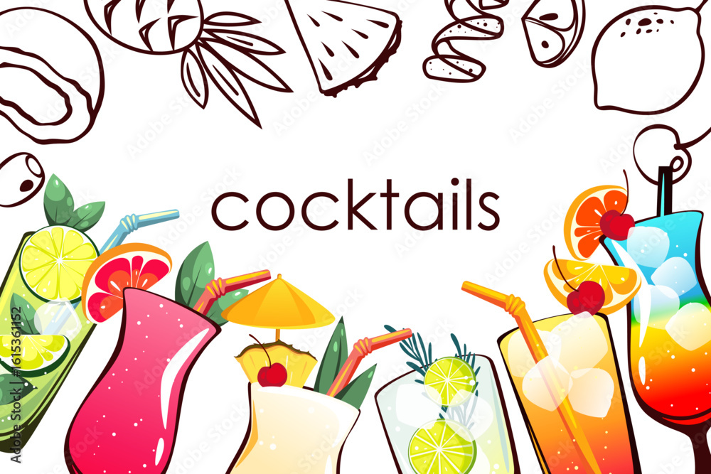 Naklejka premium Background with alcoholic cocktails. Banner with tropical cocktails and fruits. Vector illustration.