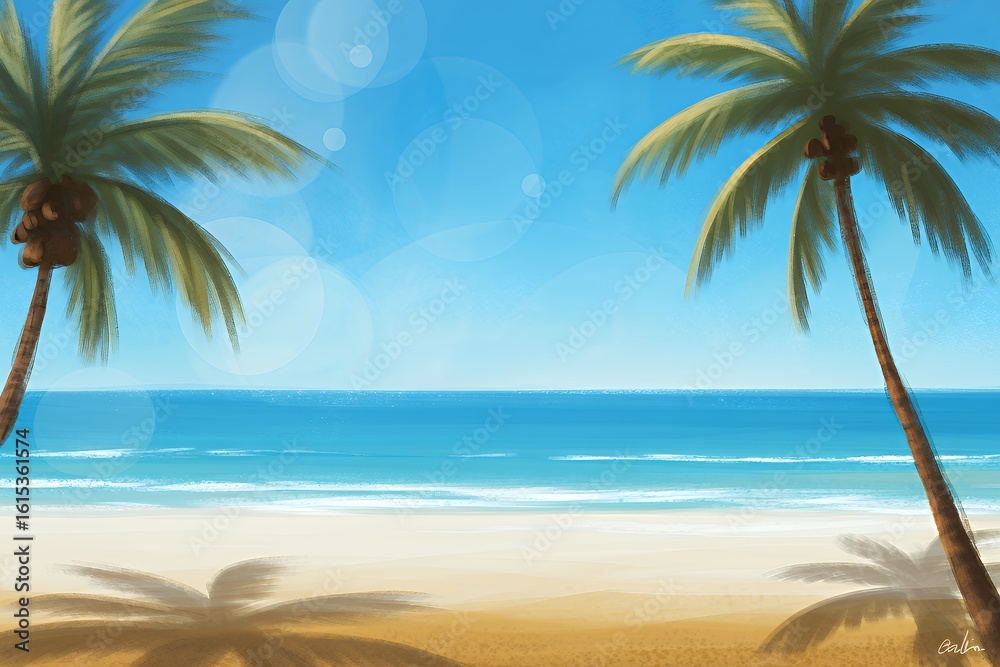 Fototapeta premium Tropical Beach Paradise with Palm Trees and Ocean Waves