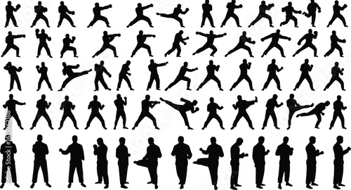 Karate martial arts silhouette man poses collection, vector action movement set, combat self defense training, fighter kick stance illustration, black isolated fighting clipart