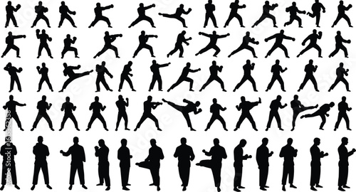 Martial arts male silhouette collection, karate fighter action poses, combat training vector set, self defense kick movements, sport stance illustration, black isolated graphic clipart
