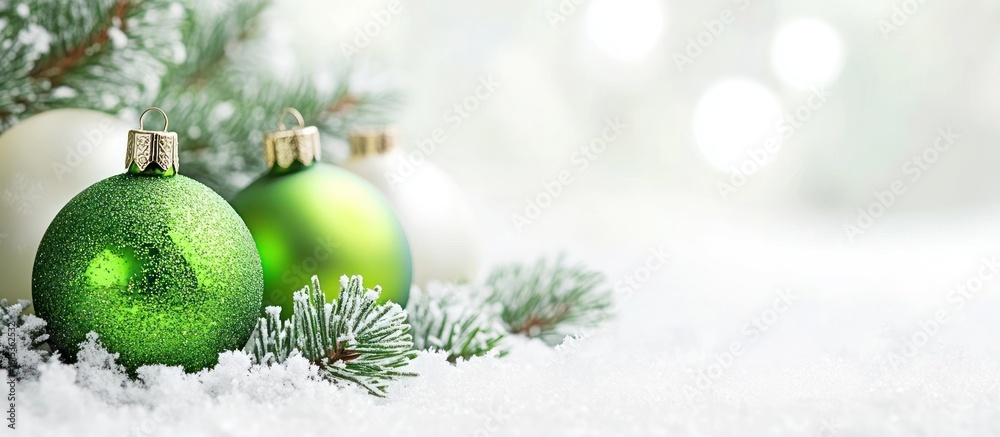 Obraz premium Festive Christmas decorations, green and white ornaments, snowy backdrop