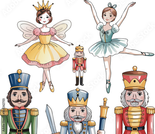 Watercolor Nutcracker Characters Sugar Plum Fairy, Ballerina, and Nutcracker Soldiers with Sword and Baton Decorations