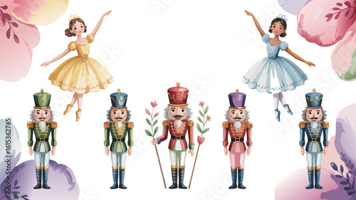 Watercolor Nutcrackers and Ballerinas Illustration Festive Ballet and Holiday Character Designs