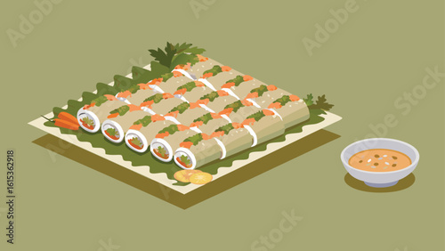 Isometric view of fresh spring rolls arranged on a plate with dipping sauce on a light green background