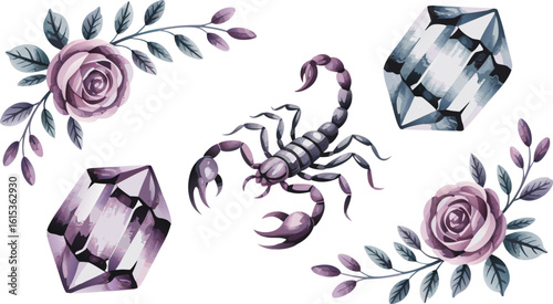 Watercolor Scorpion Illustration with Purple Roses, Leaves, and Crystals on White Background
