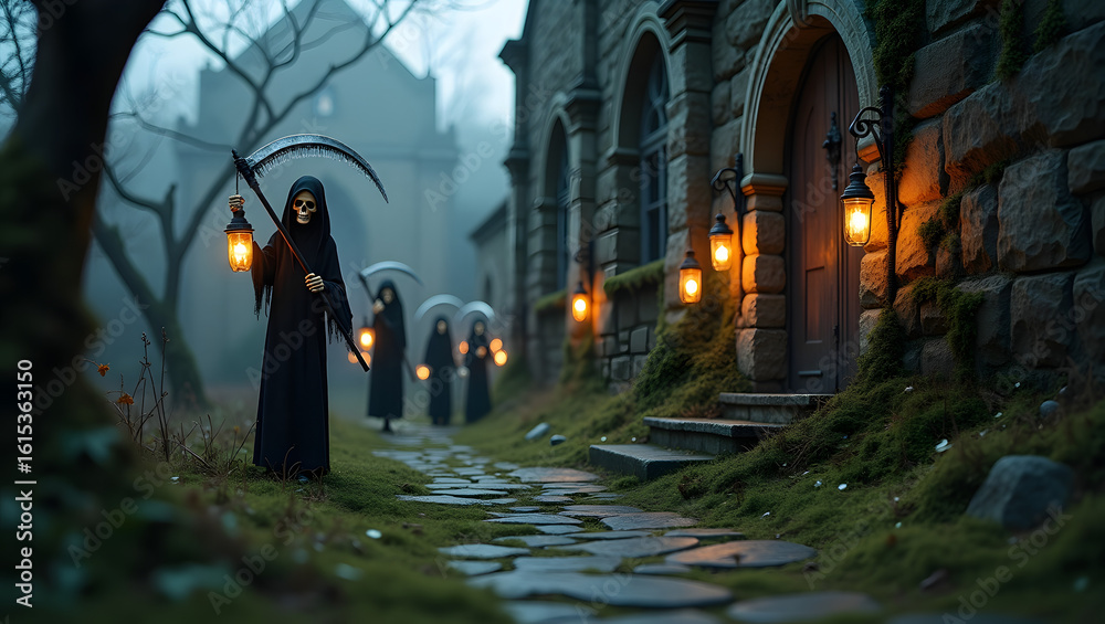 Grim reaper figures holding glowing lanterns lining mossy stone path to gothic mausoleum in misty forest, creating eerie and haunting night atmosphere
Grim reaper figures holding glowing lanterns lining mossy stone path to gothic mausoleum in misty forest, creating eerie and haunting night atmosphere