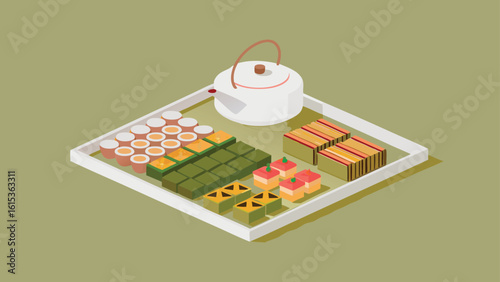 Isometric view of a tray with a teapot and an assortment of sweets and desserts displayed nicely