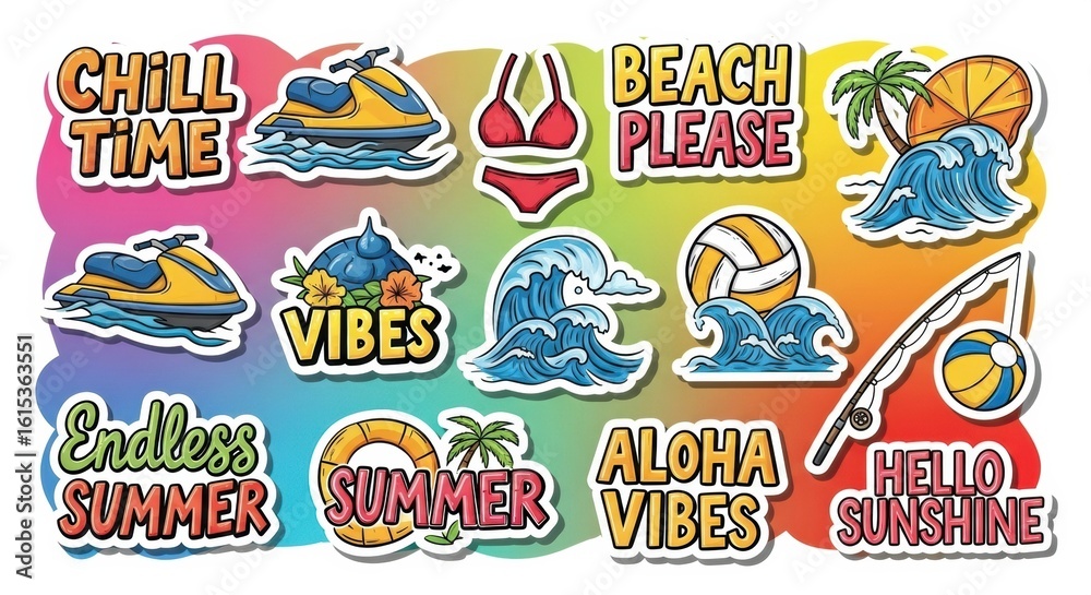 Fototapeta premium Vibrant Summer Sticker Collection Featuring Beach Elements and Recreational Activities to evoke