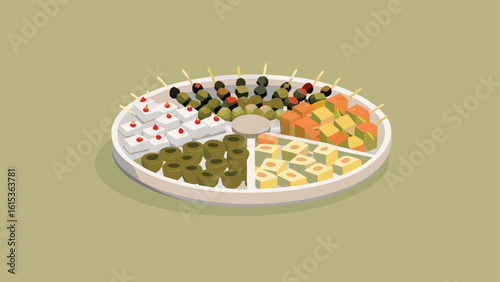 A platter of appetizers with olives, cheese cubes, and fruit skewers arranged in a circular pattern
