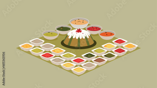 Isometric view of a dessert surrounded by small bowls with different colored sauces on a light green surface