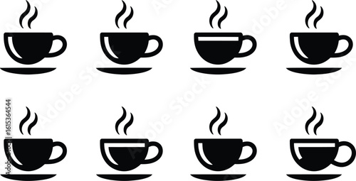 Collection of eight steaming black coffee cups on saucers vector illustration