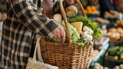 Person holding a wicker basket of produce at a market