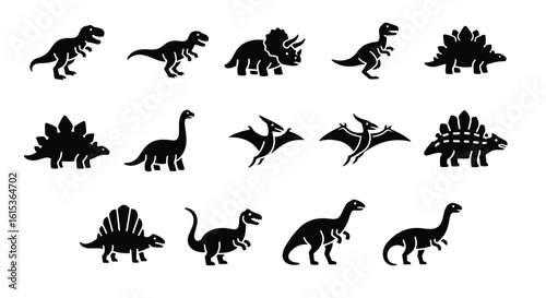 Vector silhouette illustration a set of black dinosaur silhouettes including a flying pterodactyl and a running velociraptor, isolated on a white background