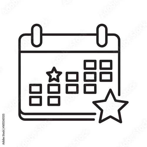 Event planning icon with calendar and star symbol representing special date scheduling priority appointment and important day reminder line vector stroke